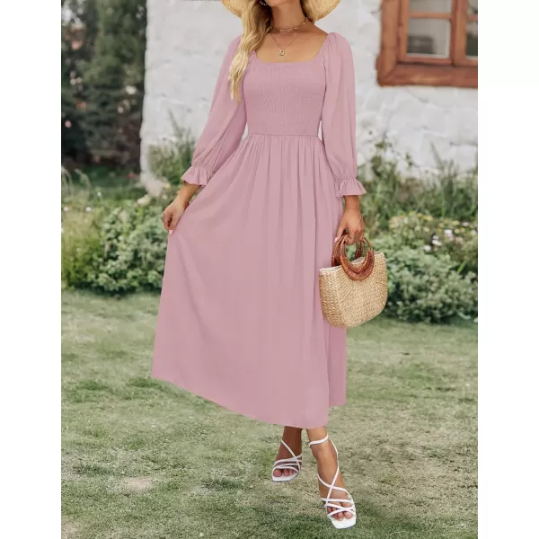 imageZESICA Womens Casual Square Neck 34 Puff Sleeve Solid Color Smocked High Waist Flowy Midi DressDarkpink