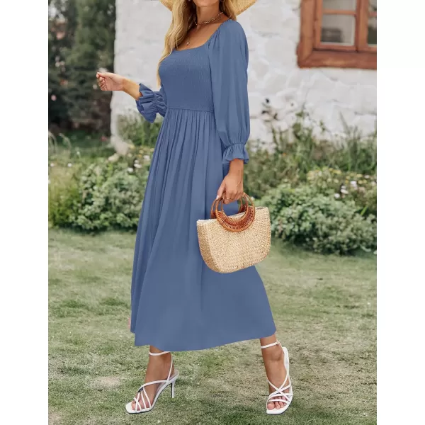 imageZESICA Womens Casual Square Neck 34 Puff Sleeve Solid Color Smocked High Waist Flowy Midi DressDustyblue