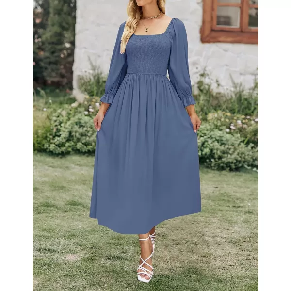 imageZESICA Womens Casual Square Neck 34 Puff Sleeve Solid Color Smocked High Waist Flowy Midi DressDustyblue