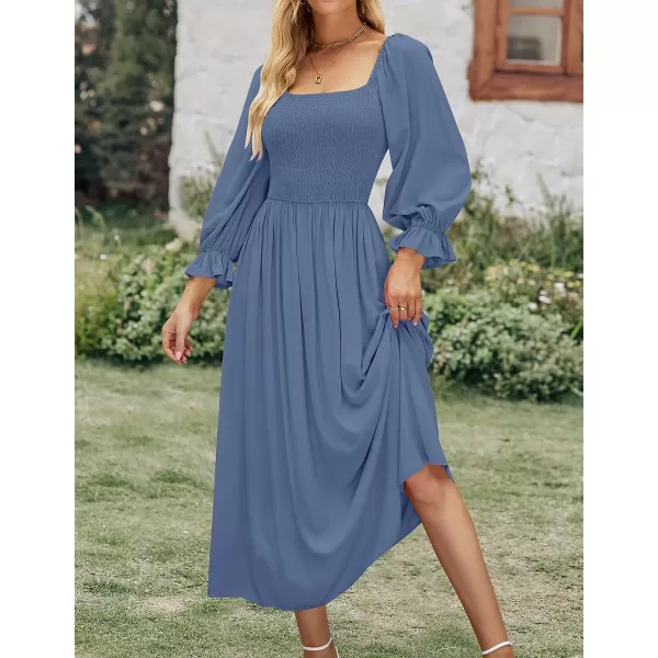 imageZESICA Womens Casual Square Neck 34 Puff Sleeve Solid Color Smocked High Waist Flowy Midi DressDustyblue