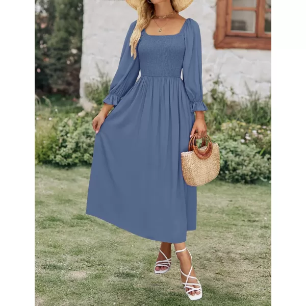imageZESICA Womens Casual Square Neck 34 Puff Sleeve Solid Color Smocked High Waist Flowy Midi DressDustyblue