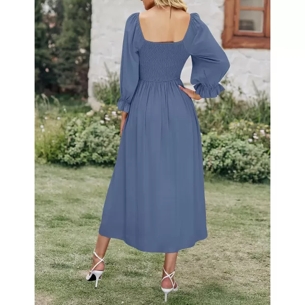 imageZESICA Womens Casual Square Neck 34 Puff Sleeve Solid Color Smocked High Waist Flowy Midi DressDustyblue