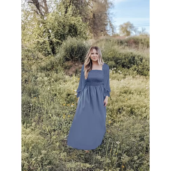 imageZESICA Womens Casual Square Neck 34 Puff Sleeve Solid Color Smocked High Waist Flowy Midi DressDustyblue