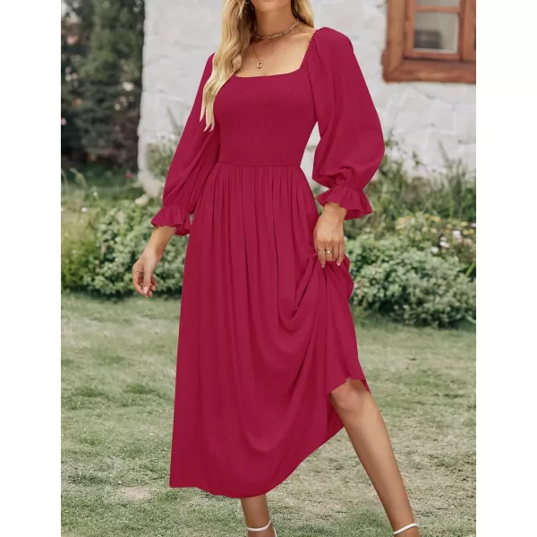 imageZESICA Womens Casual Square Neck 34 Puff Sleeve Solid Color Smocked High Waist Flowy Midi DressFuchsia