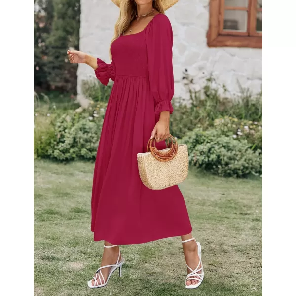 imageZESICA Womens Casual Square Neck 34 Puff Sleeve Solid Color Smocked High Waist Flowy Midi DressFuchsia