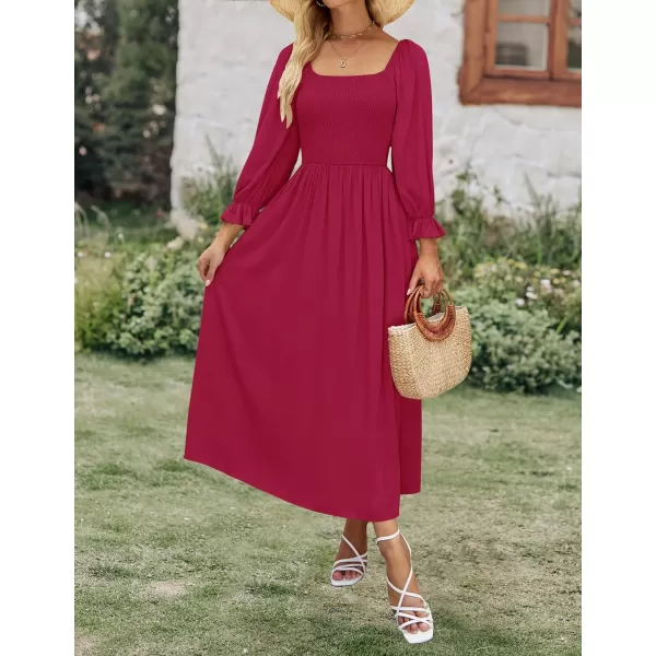 imageZESICA Womens Casual Square Neck 34 Puff Sleeve Solid Color Smocked High Waist Flowy Midi DressFuchsia