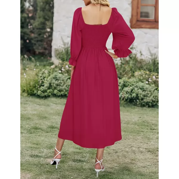 imageZESICA Womens Casual Square Neck 34 Puff Sleeve Solid Color Smocked High Waist Flowy Midi DressFuchsia