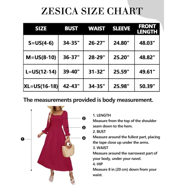 imageZESICA Womens Casual Square Neck 34 Puff Sleeve Solid Color Smocked High Waist Flowy Midi DressFuchsia