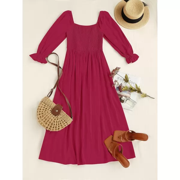 imageZESICA Womens Casual Square Neck 34 Puff Sleeve Solid Color Smocked High Waist Flowy Midi DressFuchsia