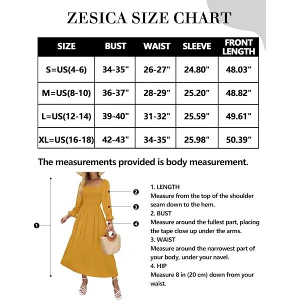 imageZESICA Womens Casual Square Neck 34 Puff Sleeve Solid Color Smocked High Waist Flowy Midi DressGinger