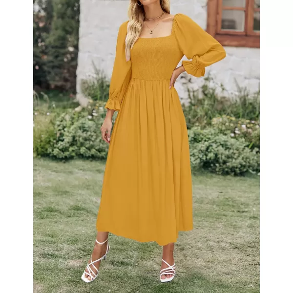 imageZESICA Womens Casual Square Neck 34 Puff Sleeve Solid Color Smocked High Waist Flowy Midi DressGinger