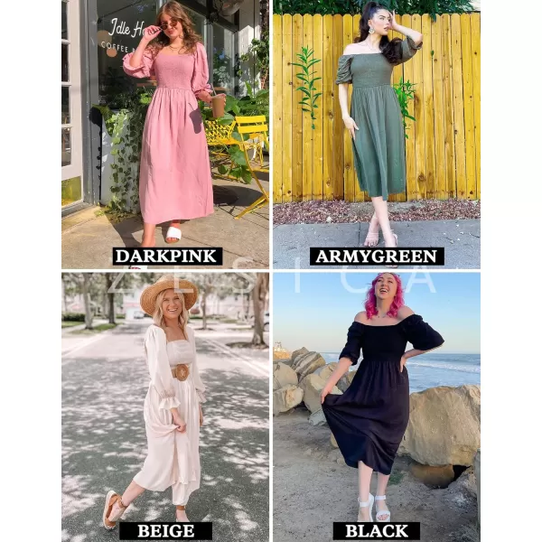 imageZESICA Womens Casual Square Neck 34 Puff Sleeve Solid Color Smocked High Waist Flowy Midi DressGinger