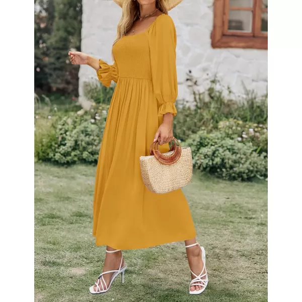imageZESICA Womens Casual Square Neck 34 Puff Sleeve Solid Color Smocked High Waist Flowy Midi DressGinger