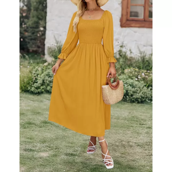 imageZESICA Womens Casual Square Neck 34 Puff Sleeve Solid Color Smocked High Waist Flowy Midi DressGinger