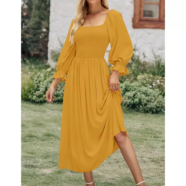 imageZESICA Womens Casual Square Neck 34 Puff Sleeve Solid Color Smocked High Waist Flowy Midi DressGinger
