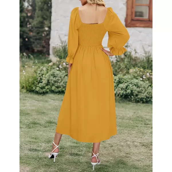 imageZESICA Womens Casual Square Neck 34 Puff Sleeve Solid Color Smocked High Waist Flowy Midi DressGinger