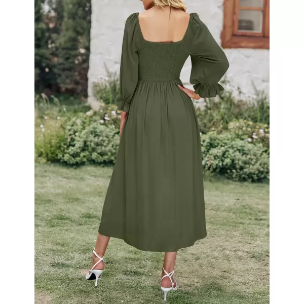imageZESICA Womens Casual Square Neck 34 Puff Sleeve Solid Color Smocked High Waist Flowy Midi DressOlive
