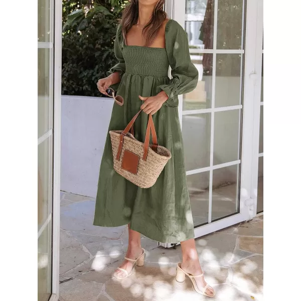 imageZESICA Womens Casual Square Neck 34 Puff Sleeve Solid Color Smocked High Waist Flowy Midi DressOlive