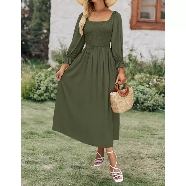 imageZESICA Womens Casual Square Neck 34 Puff Sleeve Solid Color Smocked High Waist Flowy Midi DressOlive