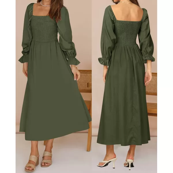 imageZESICA Womens Casual Square Neck 34 Puff Sleeve Solid Color Smocked High Waist Flowy Midi DressOlive