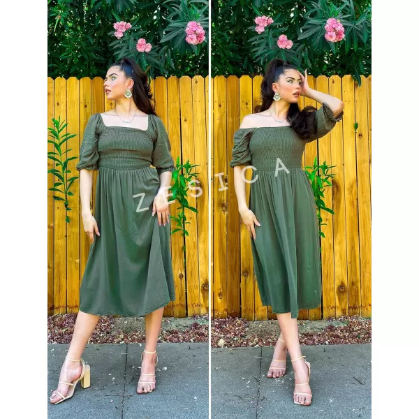 imageZESICA Womens Casual Square Neck 34 Puff Sleeve Solid Color Smocked High Waist Flowy Midi DressOlive
