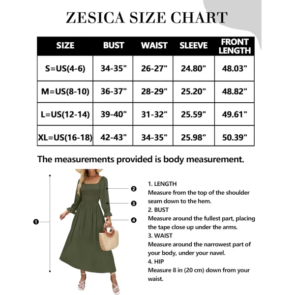 imageZESICA Womens Casual Square Neck 34 Puff Sleeve Solid Color Smocked High Waist Flowy Midi DressOlive