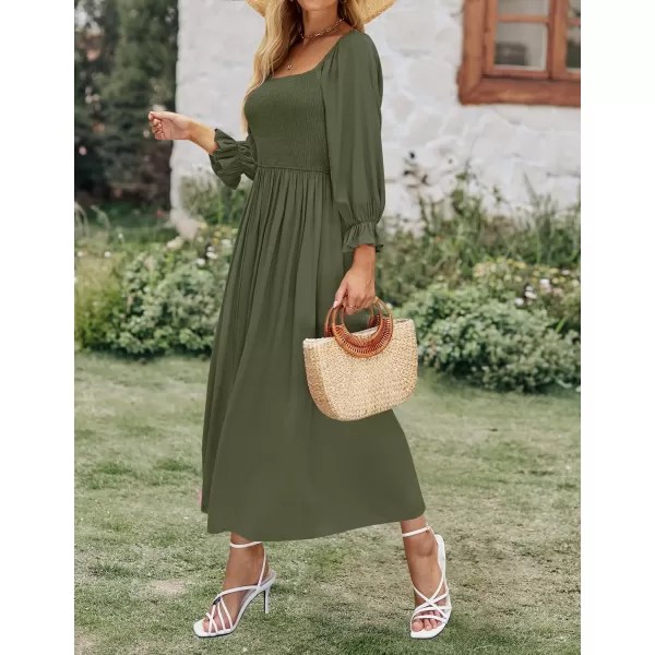 imageZESICA Womens Casual Square Neck 34 Puff Sleeve Solid Color Smocked High Waist Flowy Midi DressOlive