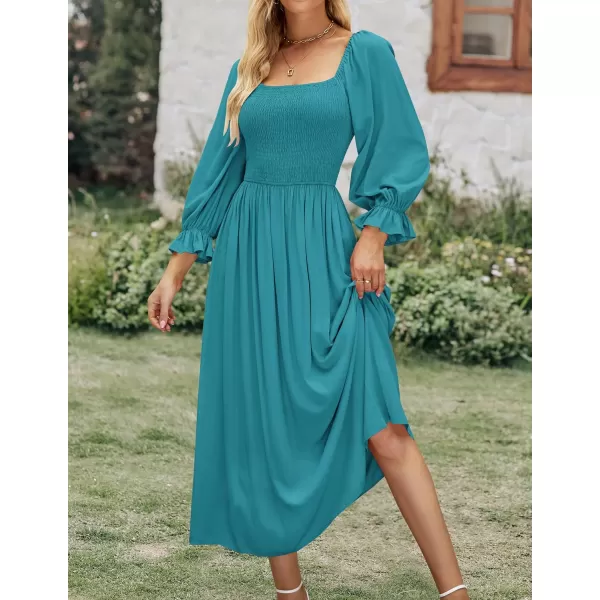 imageZESICA Womens Casual Square Neck 34 Puff Sleeve Solid Color Smocked High Waist Flowy Midi DressPeacock