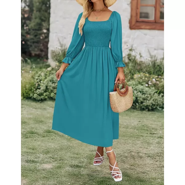imageZESICA Womens Casual Square Neck 34 Puff Sleeve Solid Color Smocked High Waist Flowy Midi DressPeacock