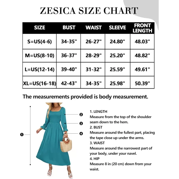 imageZESICA Womens Casual Square Neck 34 Puff Sleeve Solid Color Smocked High Waist Flowy Midi DressPeacock