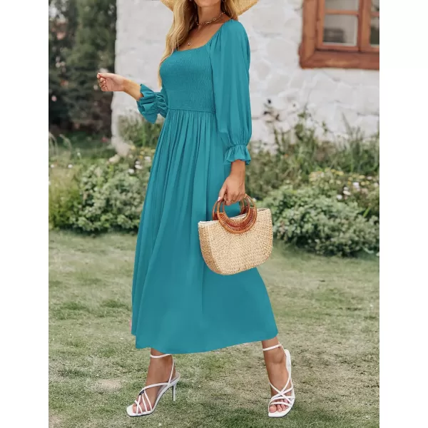 imageZESICA Womens Casual Square Neck 34 Puff Sleeve Solid Color Smocked High Waist Flowy Midi DressPeacock