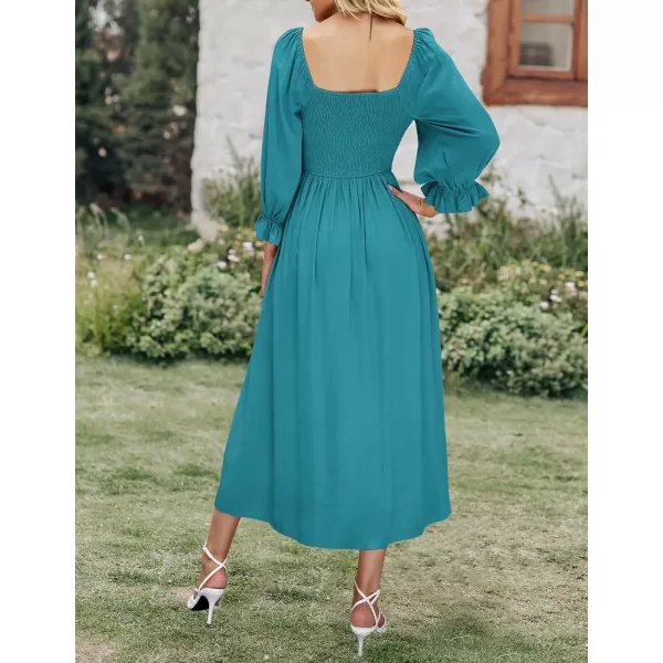 imageZESICA Womens Casual Square Neck 34 Puff Sleeve Solid Color Smocked High Waist Flowy Midi DressPeacock