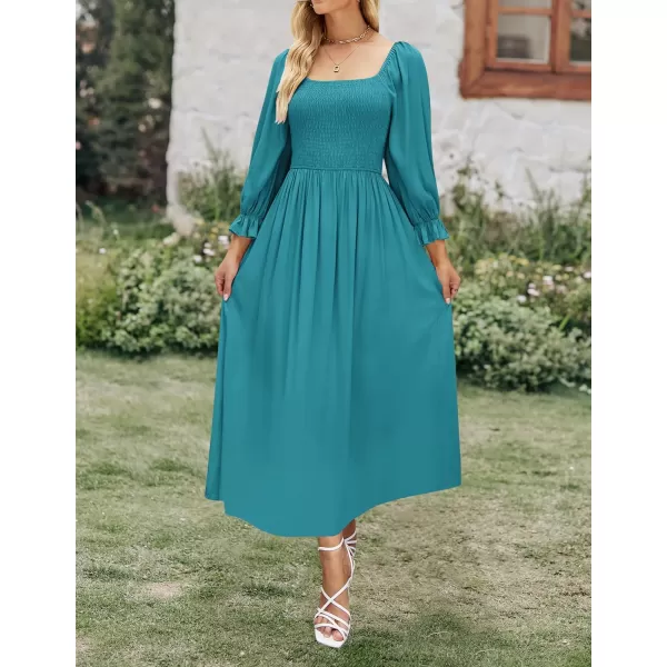 imageZESICA Womens Casual Square Neck 34 Puff Sleeve Solid Color Smocked High Waist Flowy Midi DressPeacock