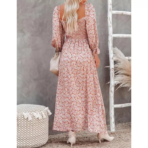 imageZESICA Womens Casual Square Neck 34 Puff Sleeve Solid Color Smocked High Waist Flowy Midi DressPink