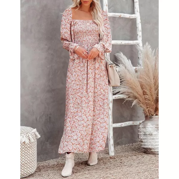 imageZESICA Womens Casual Square Neck 34 Puff Sleeve Solid Color Smocked High Waist Flowy Midi DressPink