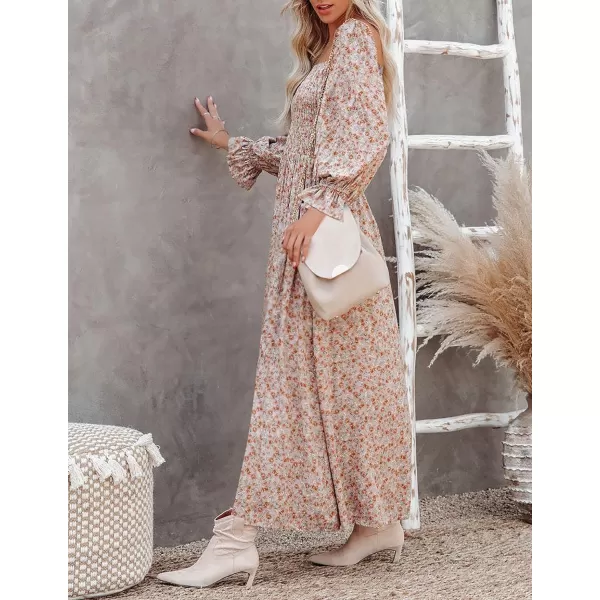 imageZESICA Womens Casual Square Neck 34 Puff Sleeve Solid Color Smocked High Waist Flowy Midi DressPink