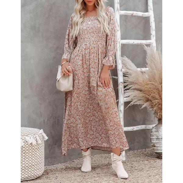 imageZESICA Womens Casual Square Neck 34 Puff Sleeve Solid Color Smocked High Waist Flowy Midi DressPink