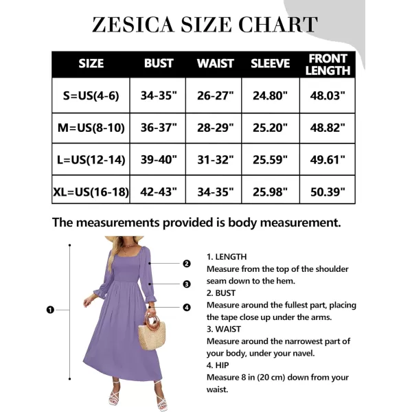 imageZESICA Womens Casual Square Neck 34 Puff Sleeve Solid Color Smocked High Waist Flowy Midi DressPurple