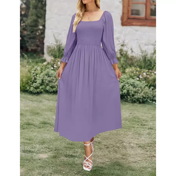 imageZESICA Womens Casual Square Neck 34 Puff Sleeve Solid Color Smocked High Waist Flowy Midi DressPurple