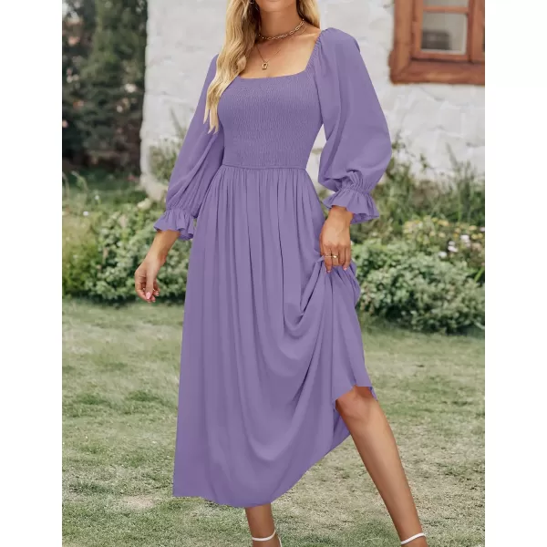 imageZESICA Womens Casual Square Neck 34 Puff Sleeve Solid Color Smocked High Waist Flowy Midi DressPurple
