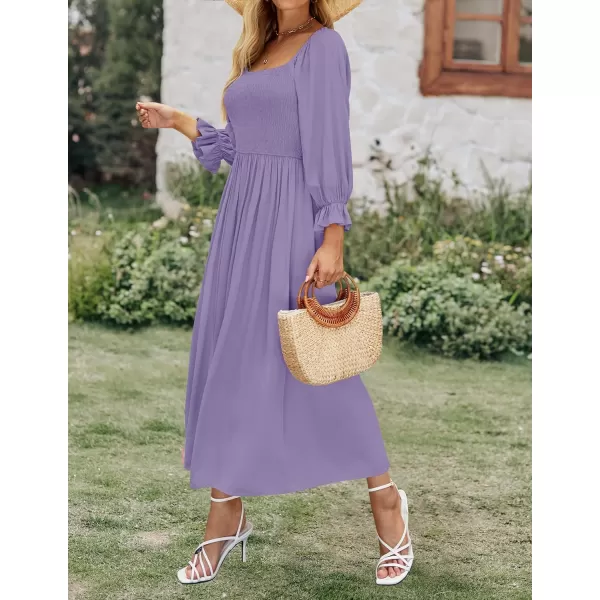 imageZESICA Womens Casual Square Neck 34 Puff Sleeve Solid Color Smocked High Waist Flowy Midi DressPurple