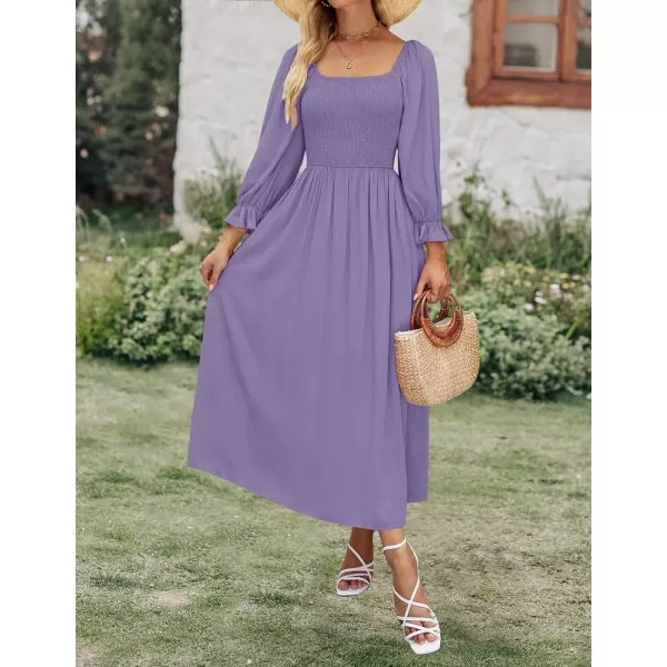 imageZESICA Womens Casual Square Neck 34 Puff Sleeve Solid Color Smocked High Waist Flowy Midi DressPurple
