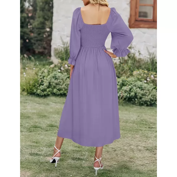 imageZESICA Womens Casual Square Neck 34 Puff Sleeve Solid Color Smocked High Waist Flowy Midi DressPurple