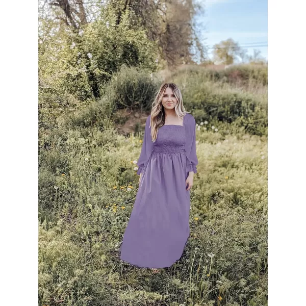imageZESICA Womens Casual Square Neck 34 Puff Sleeve Solid Color Smocked High Waist Flowy Midi DressPurple