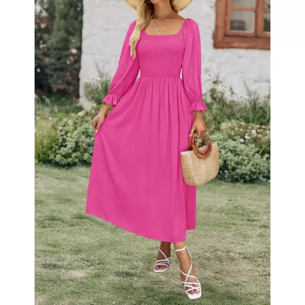 imageZESICA Womens Casual Square Neck 34 Puff Sleeve Solid Color Smocked High Waist Flowy Midi DressRose