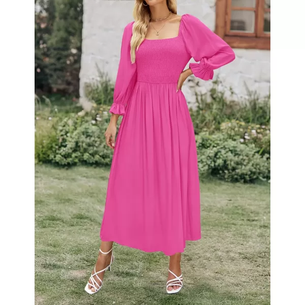 imageZESICA Womens Casual Square Neck 34 Puff Sleeve Solid Color Smocked High Waist Flowy Midi DressRose