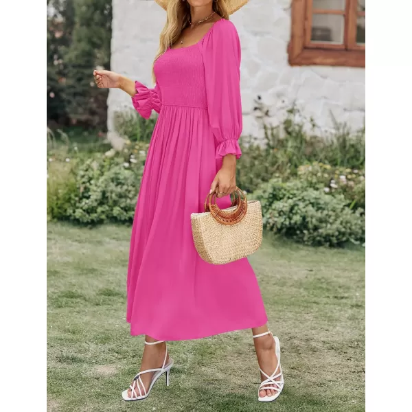 imageZESICA Womens Casual Square Neck 34 Puff Sleeve Solid Color Smocked High Waist Flowy Midi DressRose