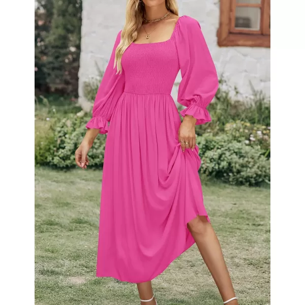 imageZESICA Womens Casual Square Neck 34 Puff Sleeve Solid Color Smocked High Waist Flowy Midi DressRose