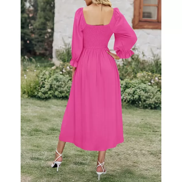 imageZESICA Womens Casual Square Neck 34 Puff Sleeve Solid Color Smocked High Waist Flowy Midi DressRose