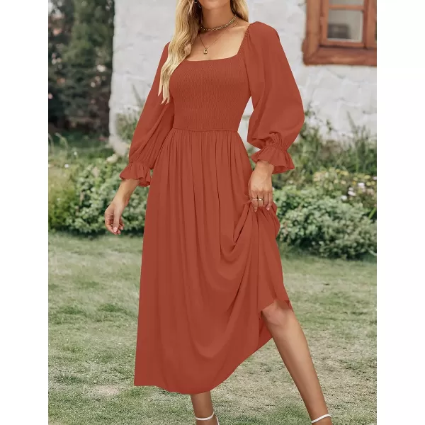 imageZESICA Womens Casual Square Neck 34 Puff Sleeve Solid Color Smocked High Waist Flowy Midi DressRust